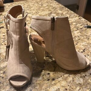 Cupid Taupe Open-Toe Heeled Boots